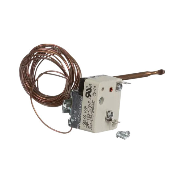 A Baxter thermostat in a small white box with a copper wire and copper coil.