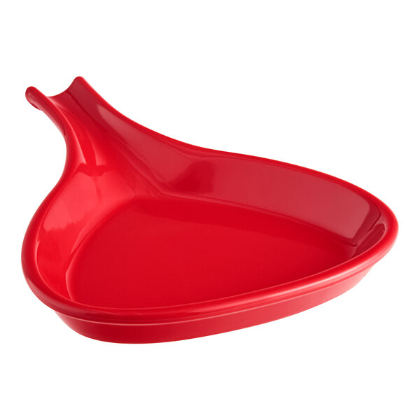 A red stoneware Acopa fry pan server with a handle.