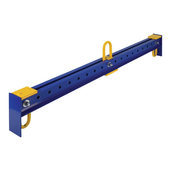 A blue and yellow steel beam with two holes.