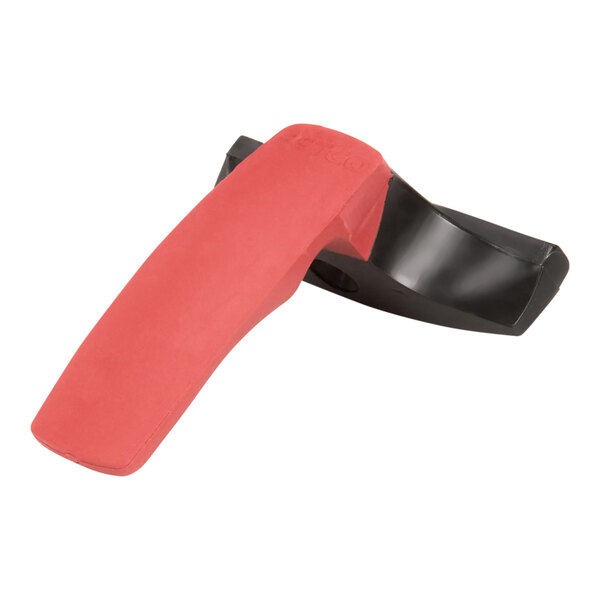 A red plastic handle with a black plastic magnet on it.