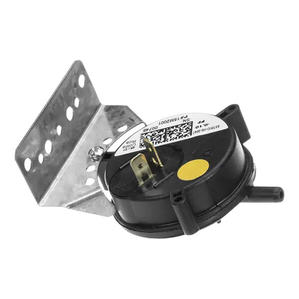 A black round Lennox air proving pressure switch with a yellow button.