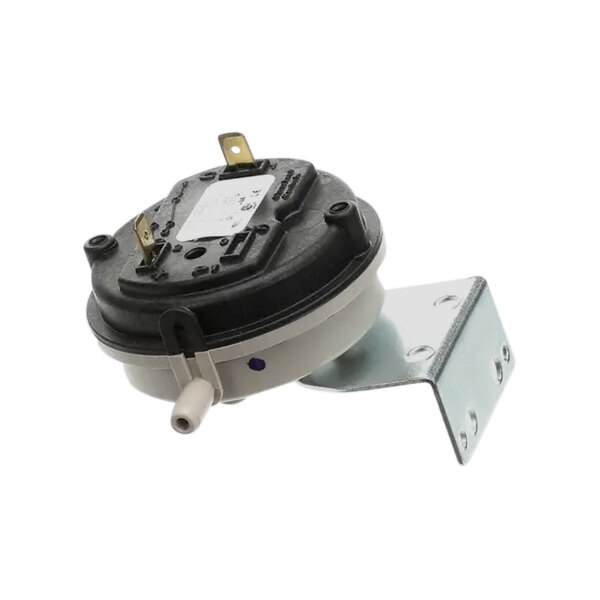 A small round black and white Baxter pressure switch with a metal bracket.