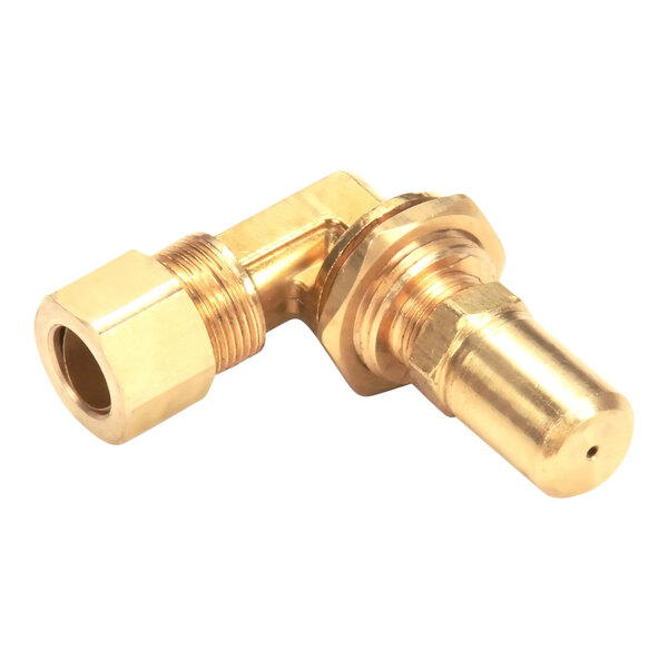 A brass Garland / US Range oven orifice fitting with a brass nut.