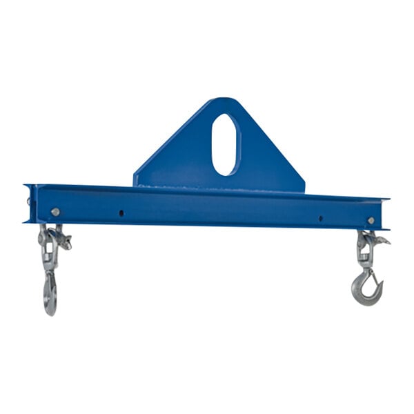 A blue steel Vestil spreader beam with hooks on each end.