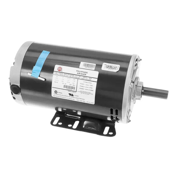 A close-up of a Lennox motor with a black housing and blue blades.