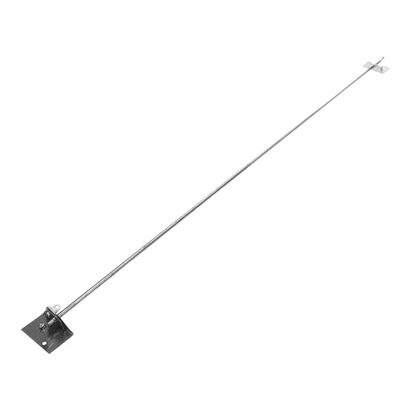 A long metal pole with a black cap on one end and a metal bracket on the other.