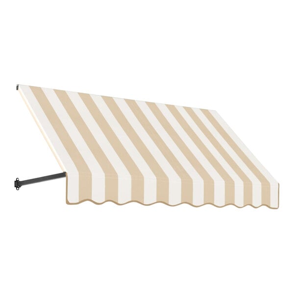 An Awntech Dallas linen and white striped awning on an open-sided slope.
