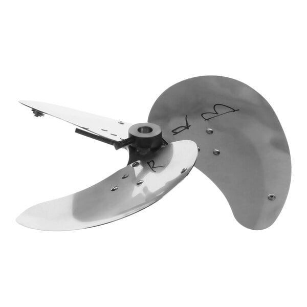 A close-up of a metal propeller blade for a Lincoln conveyor oven.