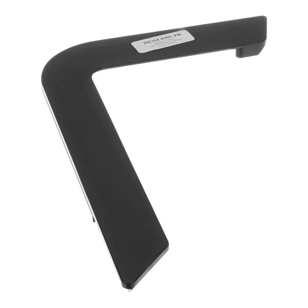 A black rectangular plastic door handle with a white label.