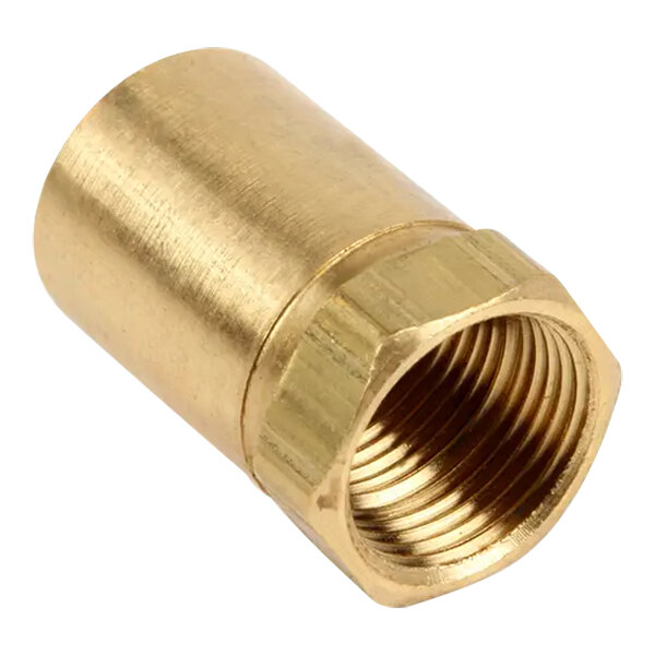 A gold metal pipe with a brass threaded female fitting and a nut.