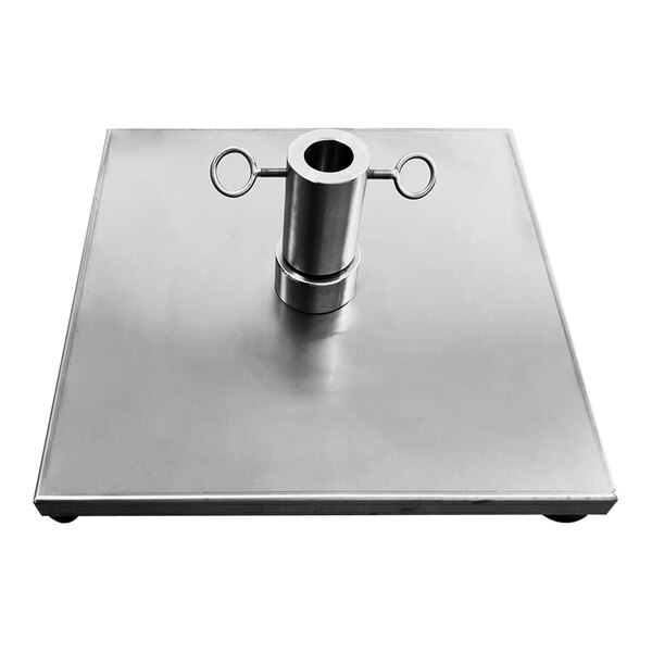 A stainless steel metal skewer holder with two rings.