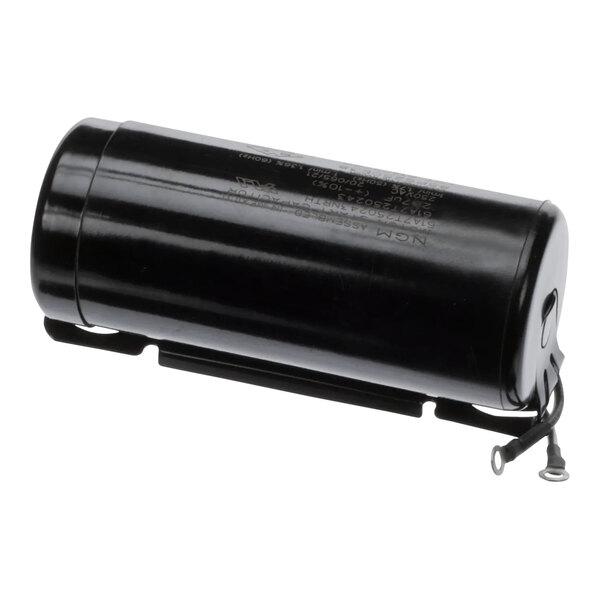 A black cylindrical True Refrigeration start capacitor with wires.
