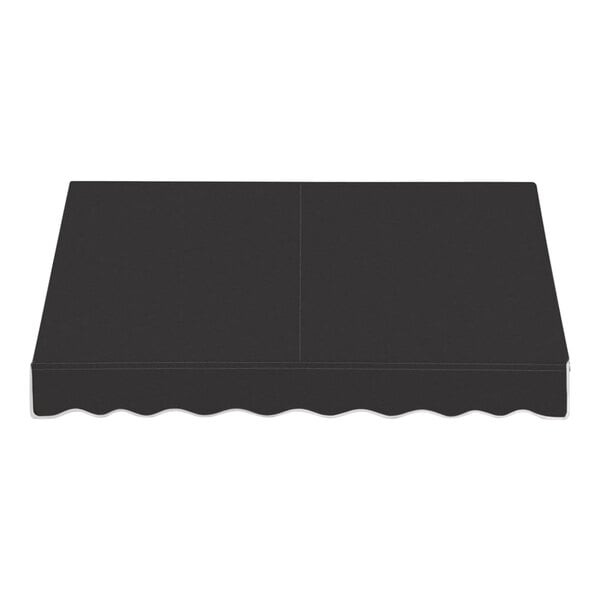 A black rectangular open-sided fabric awning with white lines on the slope.