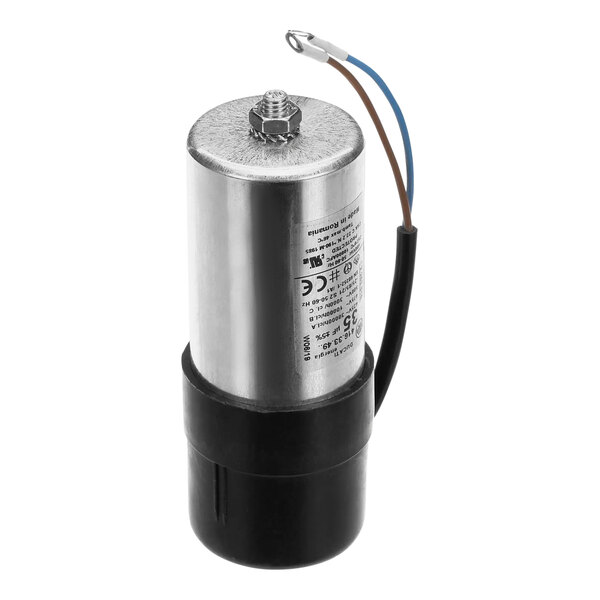 A round silver and black Hoshizaki run capacitor with wires and a black cover.