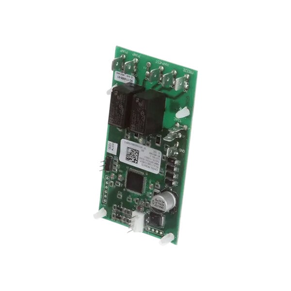 A close-up of a green Ice-O-Matic controller circuit board with black and white components and two wires.