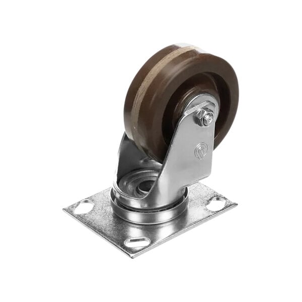 A close-up of a Baxter swivel caster with a metal base and brown wheel.