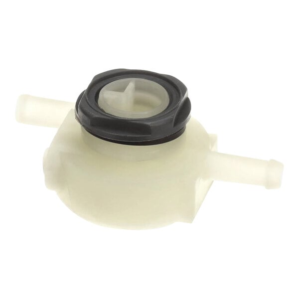 A white plastic Stero adapter with a black cap.