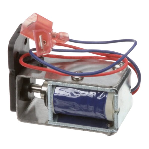 A small metal device with blue and red wires.