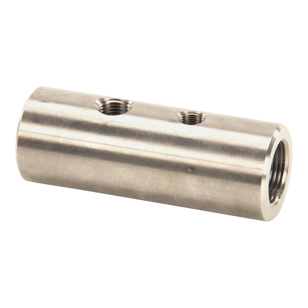 A Stero stainless steel chemical injection tower with two nuts on a metal cylinder.