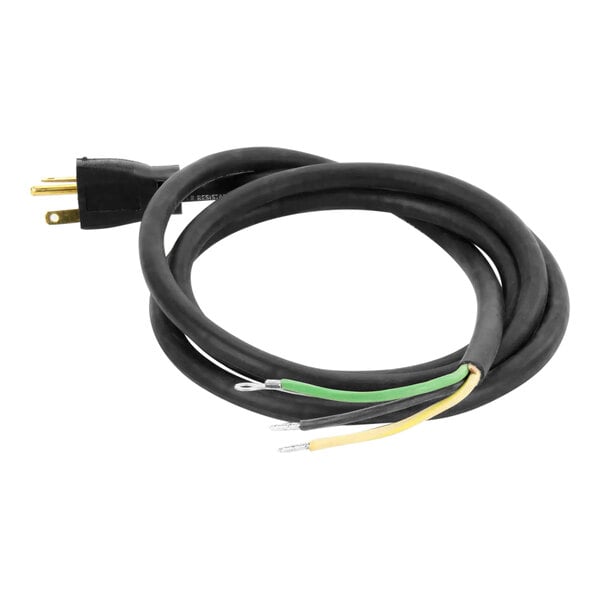 A close-up of a black Bunn power cord with yellow and green wires.