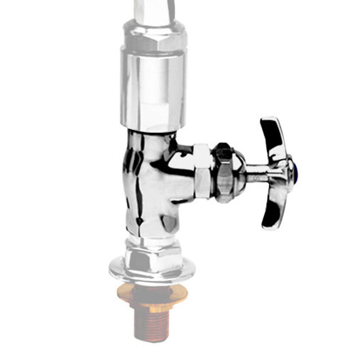 A T&S chrome valve control shut off with metal handle and 1/2" NPT connections.