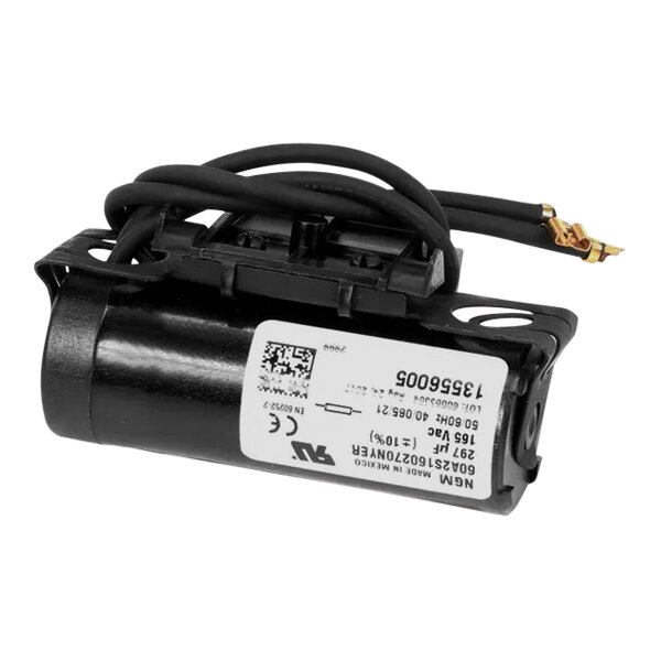 A black True Refrigeration start capacitor with wires and a white label.
