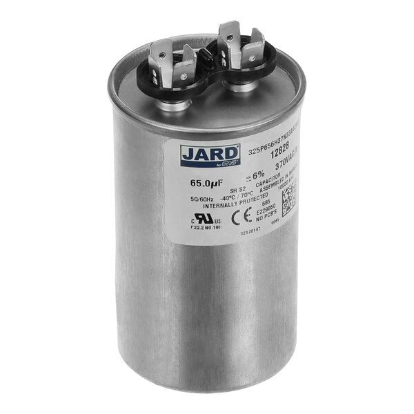 A silver cylinder with a black and white label.