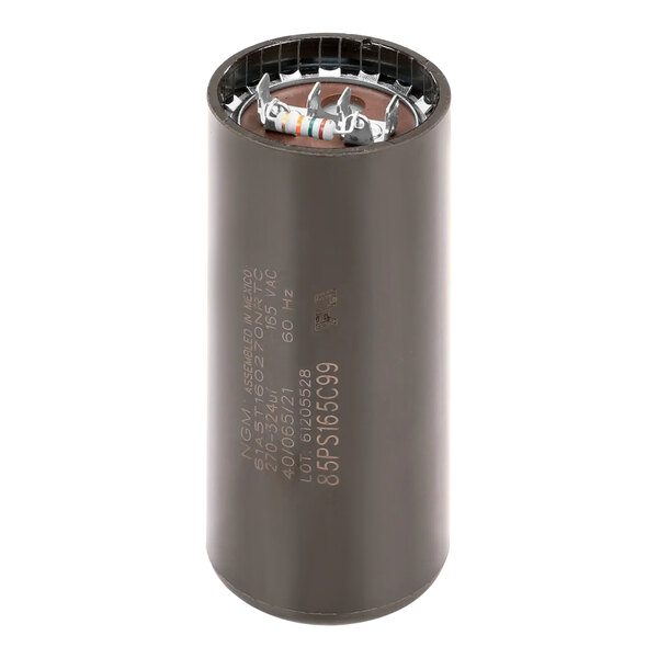 A black cylindrical capacitor with a white background.