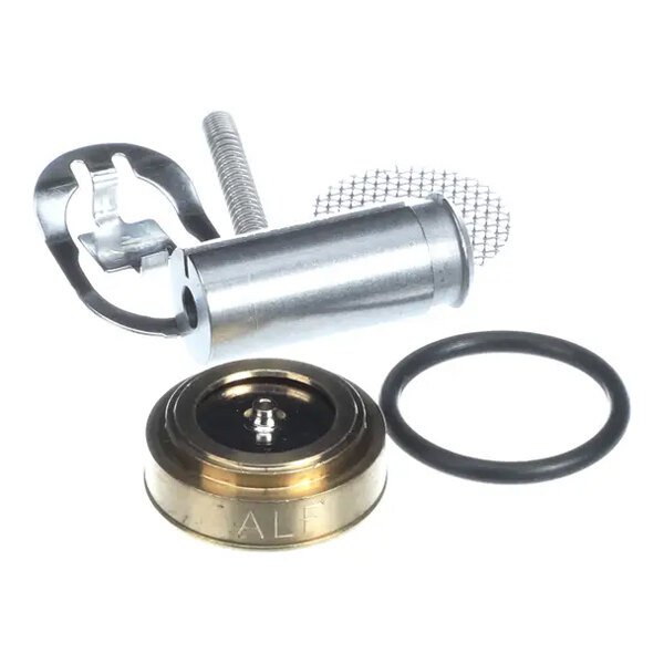 A metal solenoid valve repair kit with brass rings and a circle.