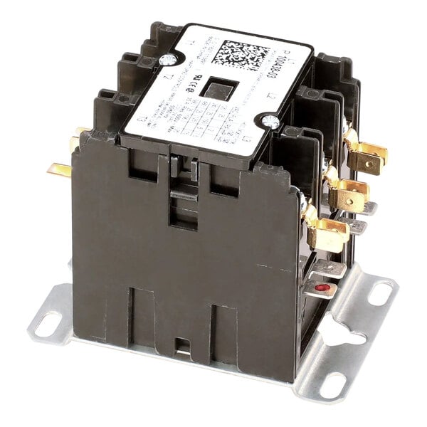 A close-up of a black and gold Lennox contactor with two wires.