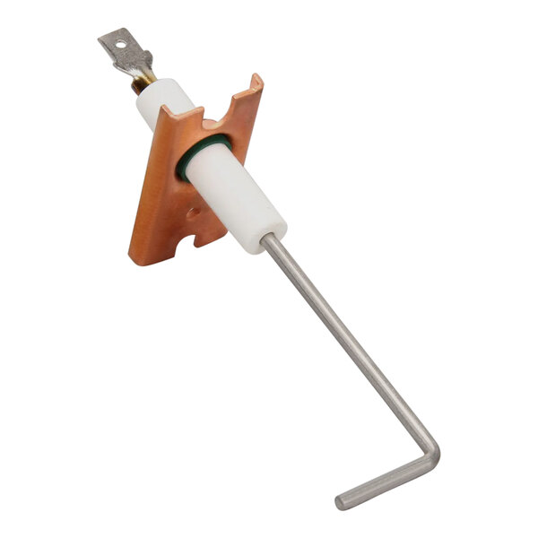 A close-up of a Lennox metal sensor with copper and white wires and green and white handles.