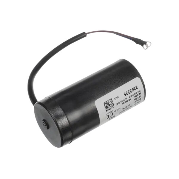 A black cylindrical True Refrigeration start capacitor with a white label and wires.