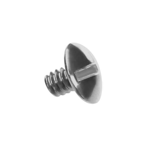 A close-up of a silver Hobart screw with a spiral design.