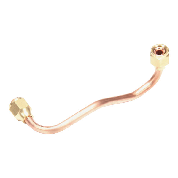 A close-up of a curved copper tube with a brass nut.