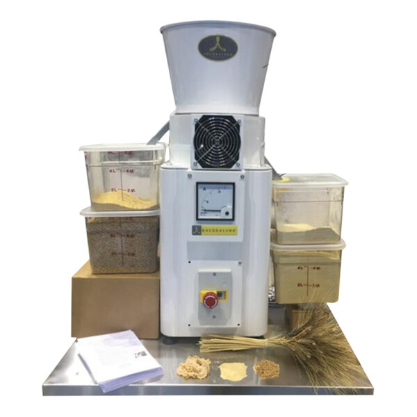 A close-up of a white Arcobaleno Luna flour mill machine with containers of cereals.