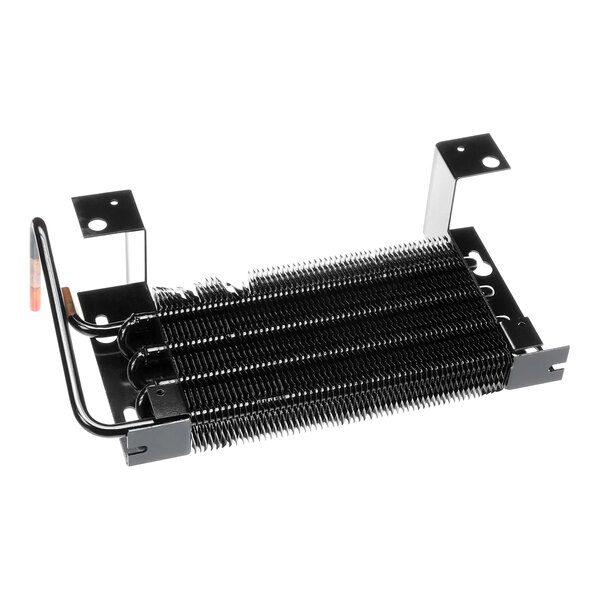 A black metal evaporator coil with two black wires.