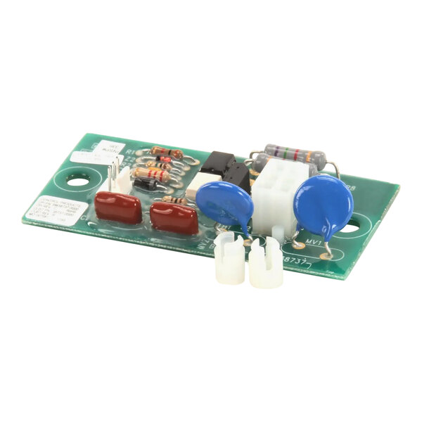 A green Bunn circuit board with different colored components, including two blue round buttons.