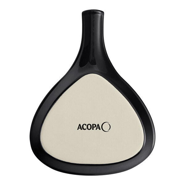 A black stoneware fry pan server with a white circle on the bottom with the word Acopa in black.