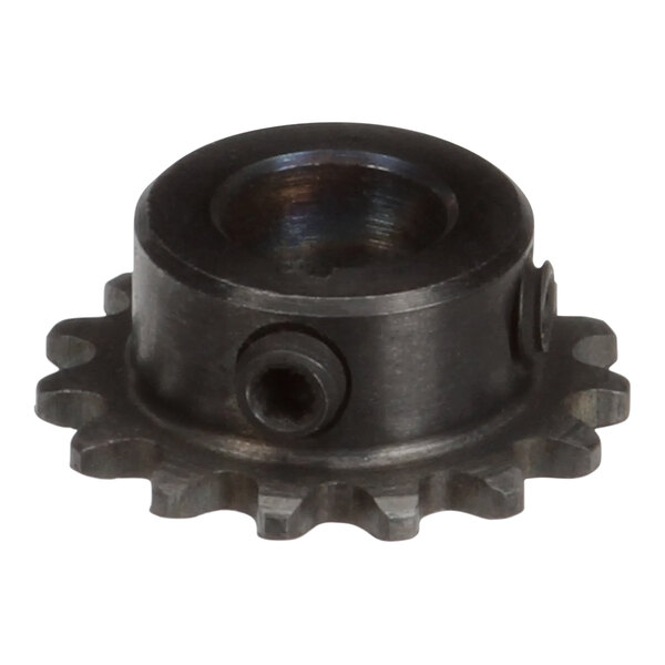 A black Lincoln sprocket with two holes on it.