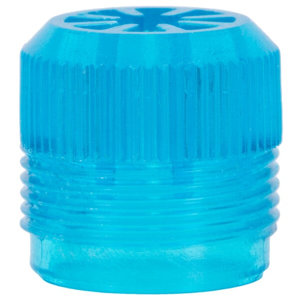 A close-up of a blue plastic T&S glass filler tip with a small hole.