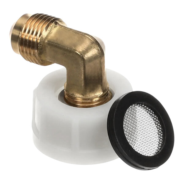 A brass and white plastic faucet adapter with a black round mesh filter.
