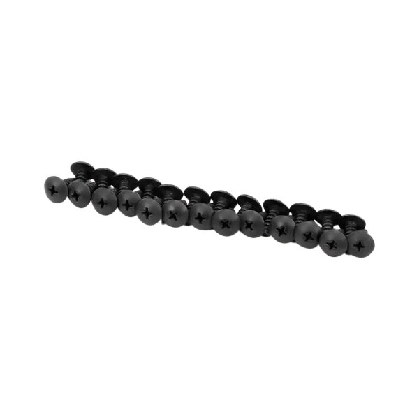A row of Ice-O-Matic black screws with white screw heads.