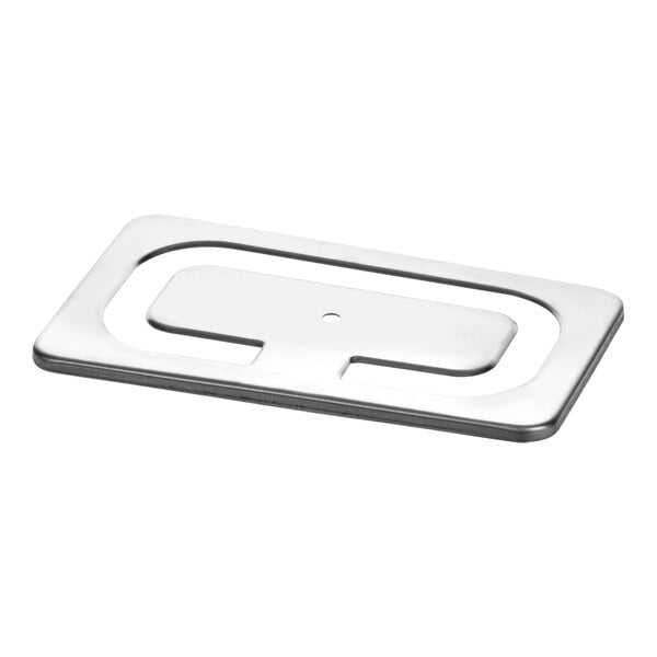 A silver rectangular Bunn pour-in lid with a hole.