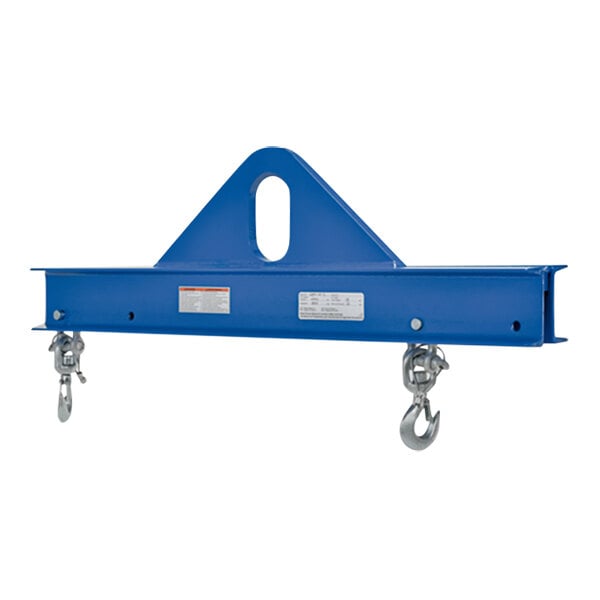 A blue steel Vestil spreader beam with hooks on each end.