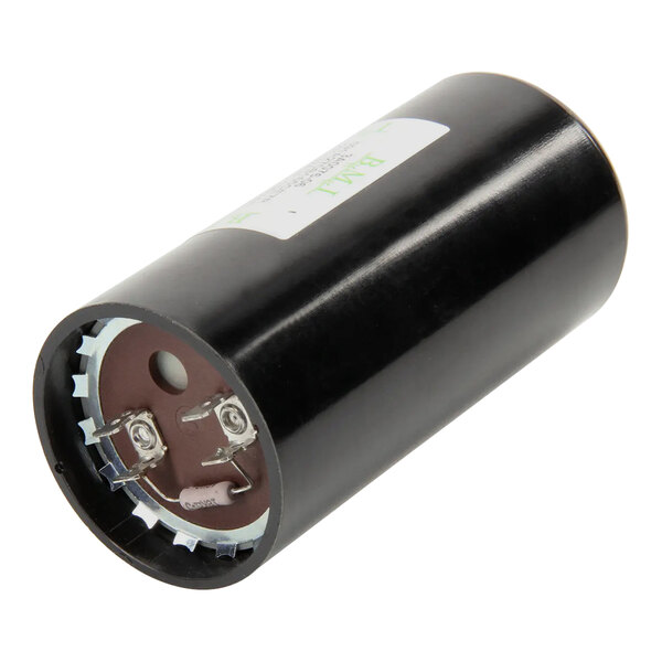 A black cylindrical object with a white label.