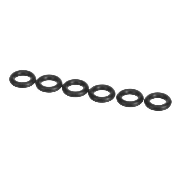 A row of six black rubber o-rings.