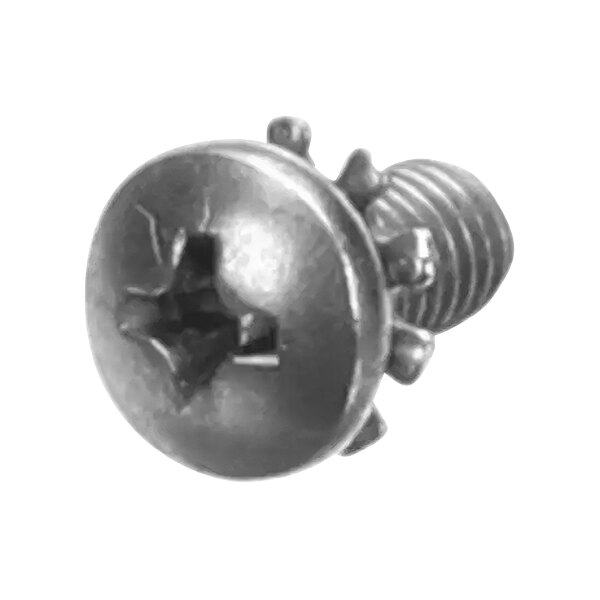 A close up of a Follett Corporation pan head screw with a star washer.