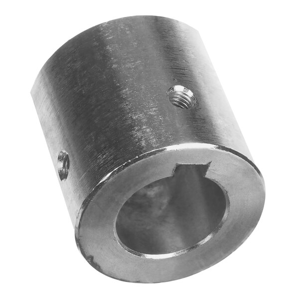 A stainless steel metal cylinder with a hole.