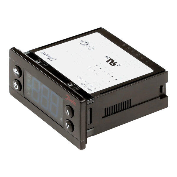 A black Hoshizaki electronic device with a white screen and label.