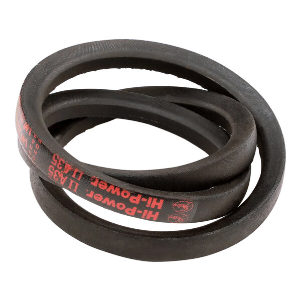 A pair of black rubber belts with red "H-P" text.